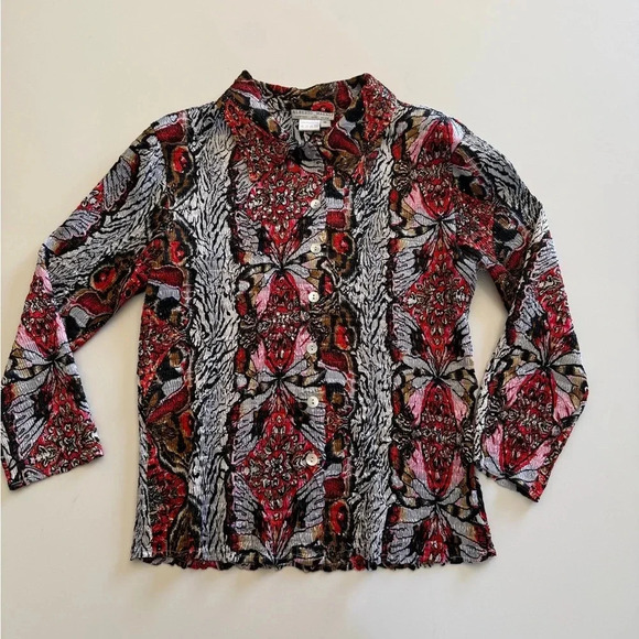 Alberto Malaki-Button Up-Sequin-Shirt- Red-Pink-Black-Brown-Colorful-Women’s M - Picture 3 of 10